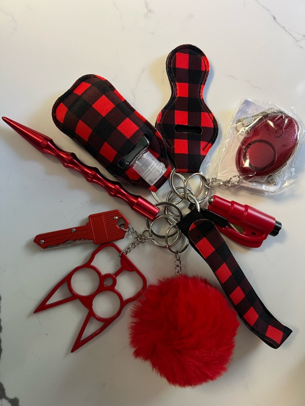 Self Defense Key Chain - Red & Black Buffalo Plaid Keychain Set with Red Pom Pom
